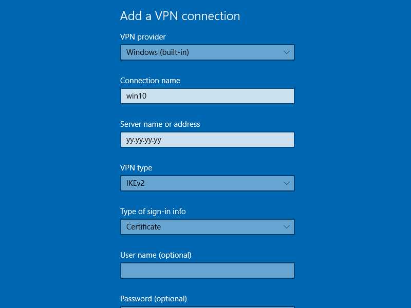 Adding an IKEv2 VPN connection on Windows 10