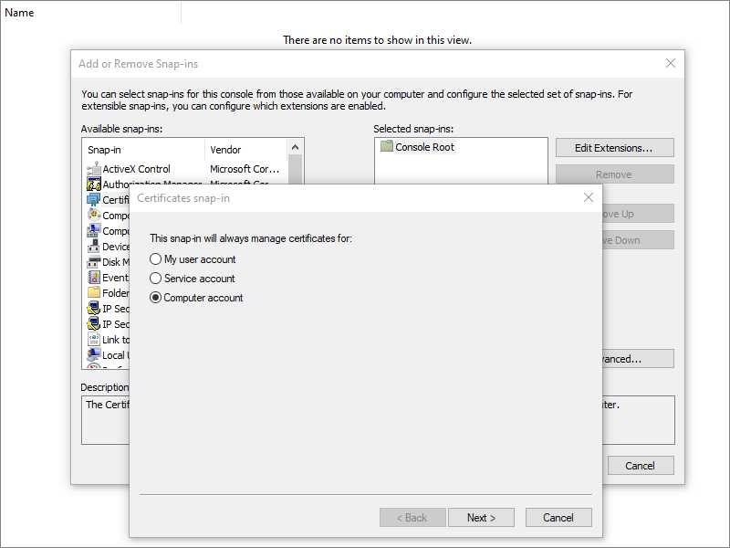 Microsoft Management Console import certificates to computer account