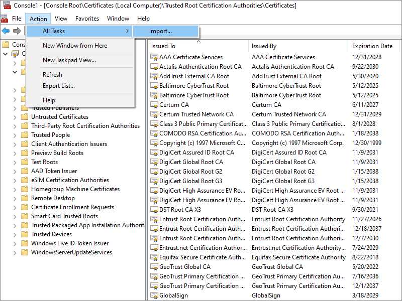 Microsoft Management Console import CA certificate