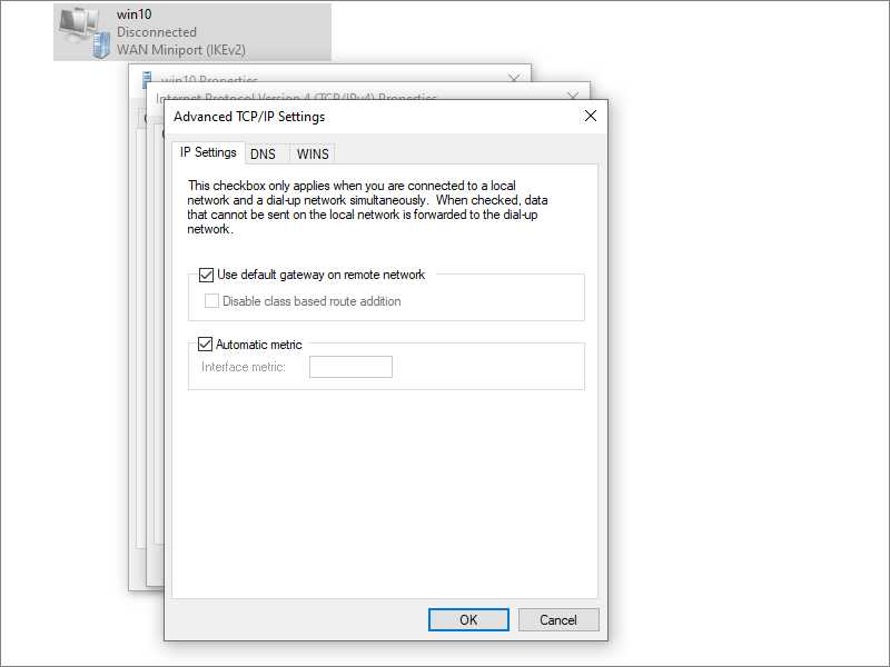 Use default gateway on remote network on Windows 10
