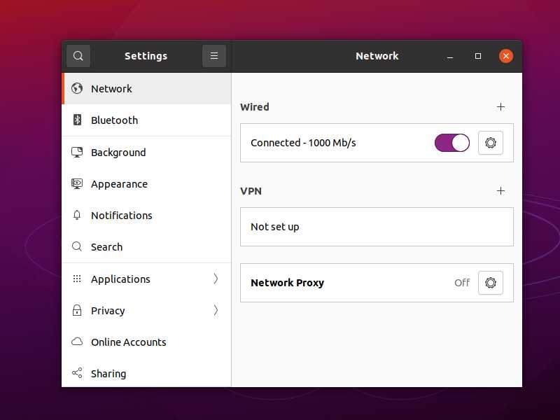 GNOME desktop Network settings page