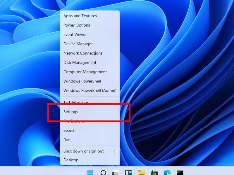 Windows Settings app on Start menu