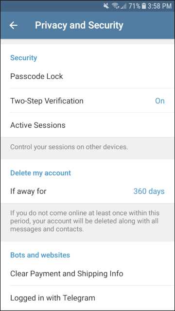 Telegram Messenger Security settings