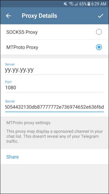 Telegram Messenger Proxy details