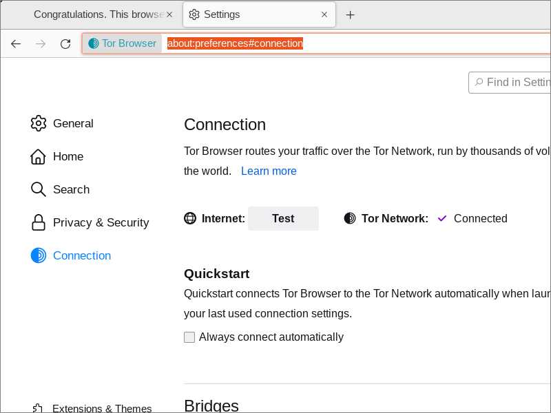 Tor Browser preferences for Tor settings